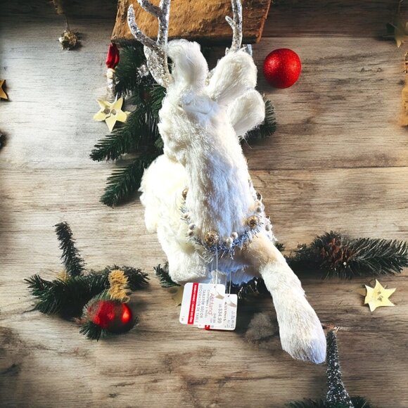 White Fur Sitting Deer - Sparkle Antlers - Christmas Collar - Home Decor - Picture 4 of 6